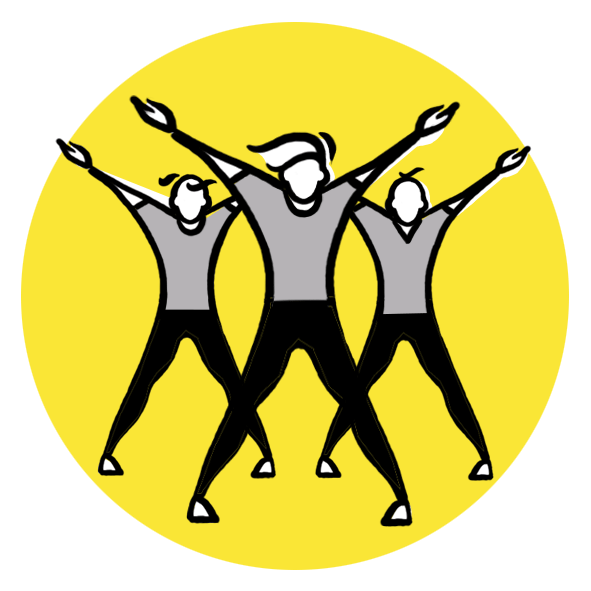 getekend icoon in grijs/zwart met geel accent verbeeldend beweegspellen en beweegactiviteiten voor dementerende bejaarden