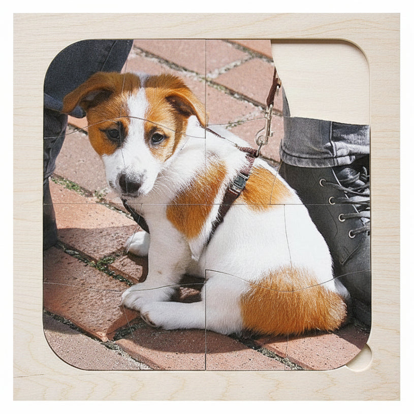 Houten Dementiepuzzel Hond – 16-delige puzzel met hondenmotief, speciaal ontwikkeld voor activering bij dementie.