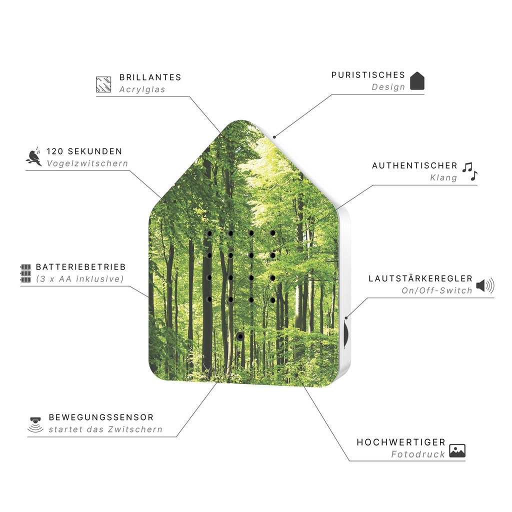 Zwitscherbox Forest – Natuurgeluiden met bewegingssensor, creëert een rustgevende sfeer voor senioren.