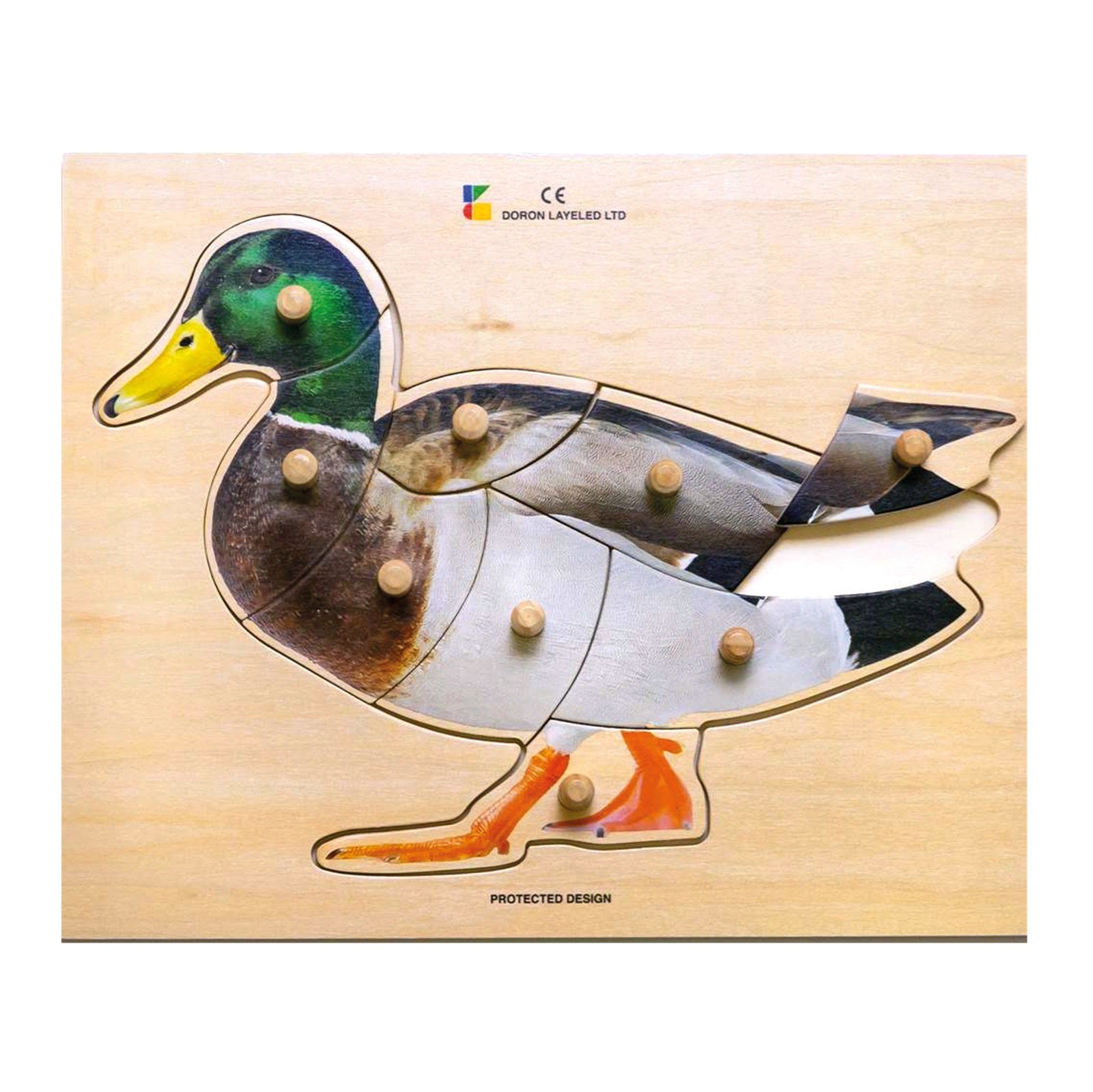 Houten Dementiepuzzel Eend – Grote puzzel met knoppen, speciaal ontworpen voor activering en geheugenstimulatie bij ouderen.