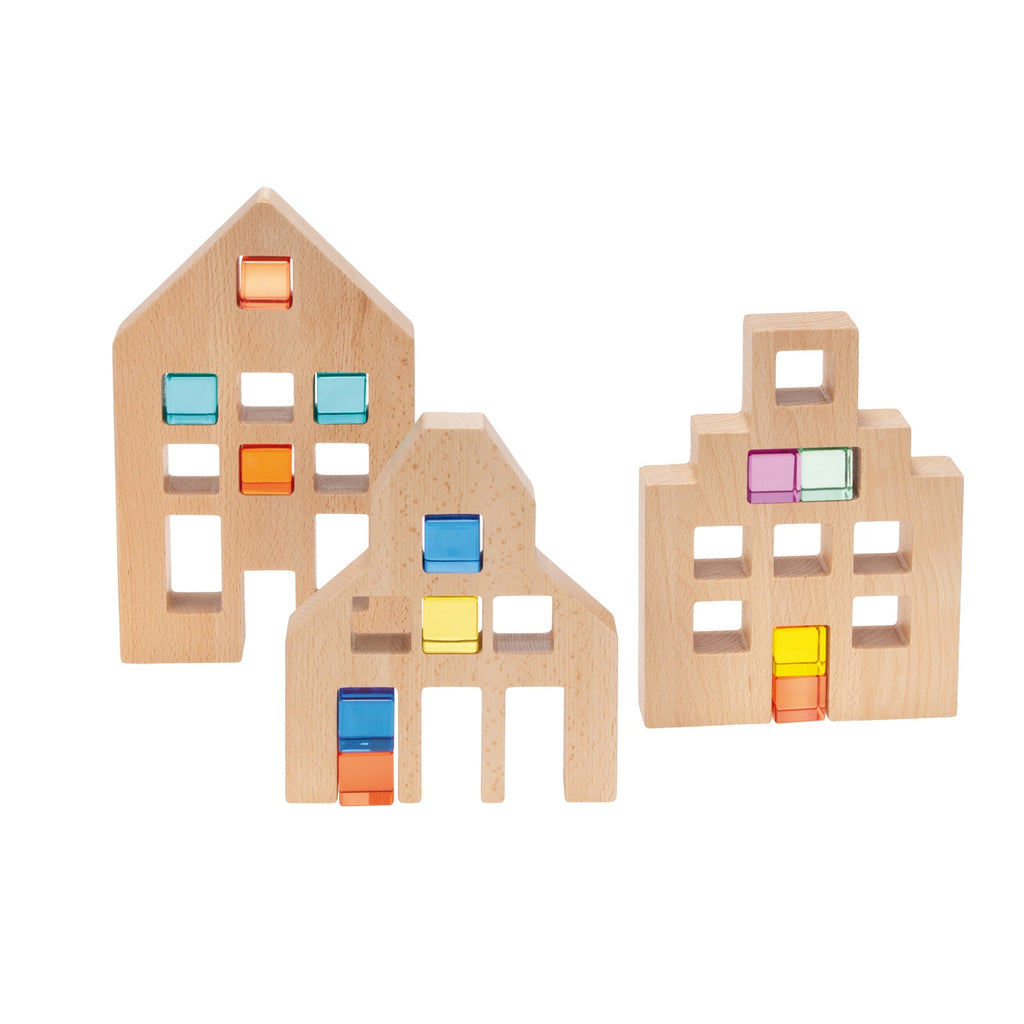 Afbeeelding van het spel Houten Huizen voor transparante Kubusblokjes, speciaal geselecteerd  voor ouderen met dementie.