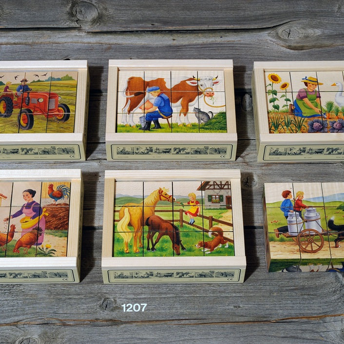 Kubus puzzel op de Boerderij 12-delig – Rustieke houten puzzel die activering en geheugenstimulatie biedt voor senioren.